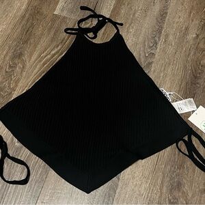 GANNI NWT Black Ribbed Backless Halter top with neck and back ties. Size Medium.
